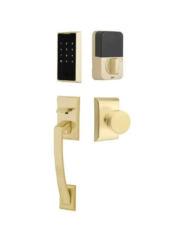 Emtek EMPowered 2 Touch Entry Set with Ares Grip and Interior Bern Knob Satin Brass