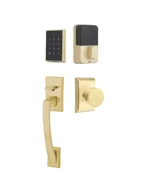 Emtek EMPowered 2 Touch Entry Set with Ares Grip and Interior Bern Knob in Satin Brass finish