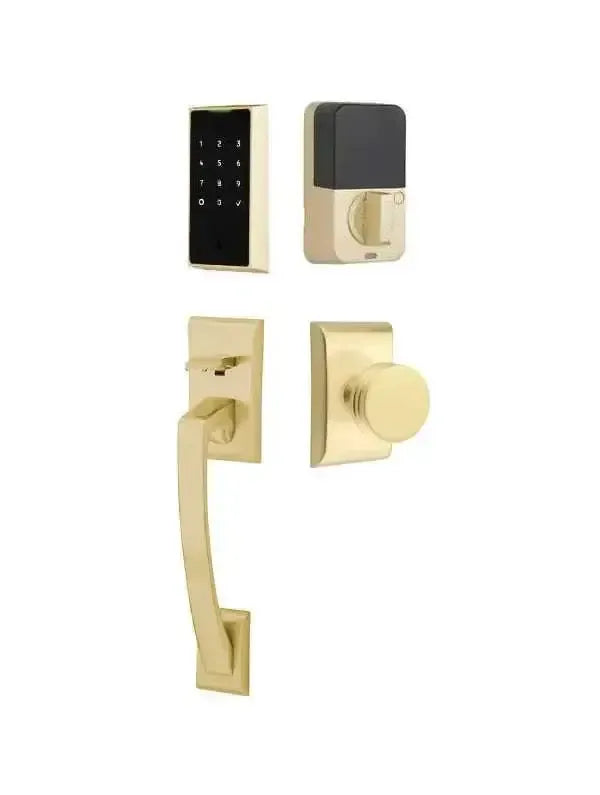 Emtek EMPowered 2 Touch Entry Set with Ares Grip and Interior Bern Knob in Satin Brass finish