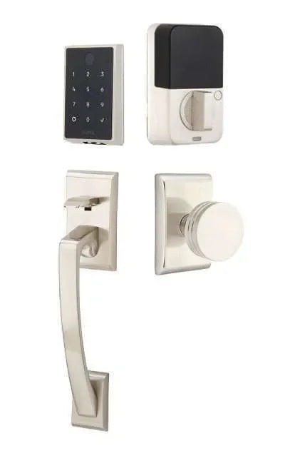 Emtek EMPowered 2 Touch Entry Set with Ares Grip and Interior Bern Knob Satin Nickel