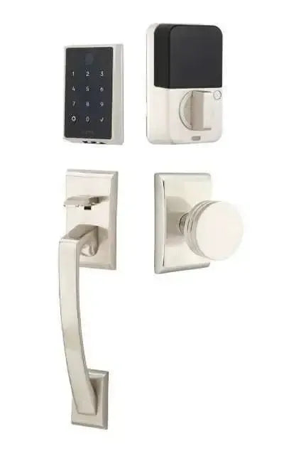 Emtek EMPowered 2 Touch Entry Set with Ares Grip and Interior Bern Knob in Satin Nickel finish