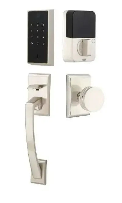 Emtek EMPowered 2 Touch Entry Set with Ares Grip and Interior Bern Knob in Satin Nickel finish