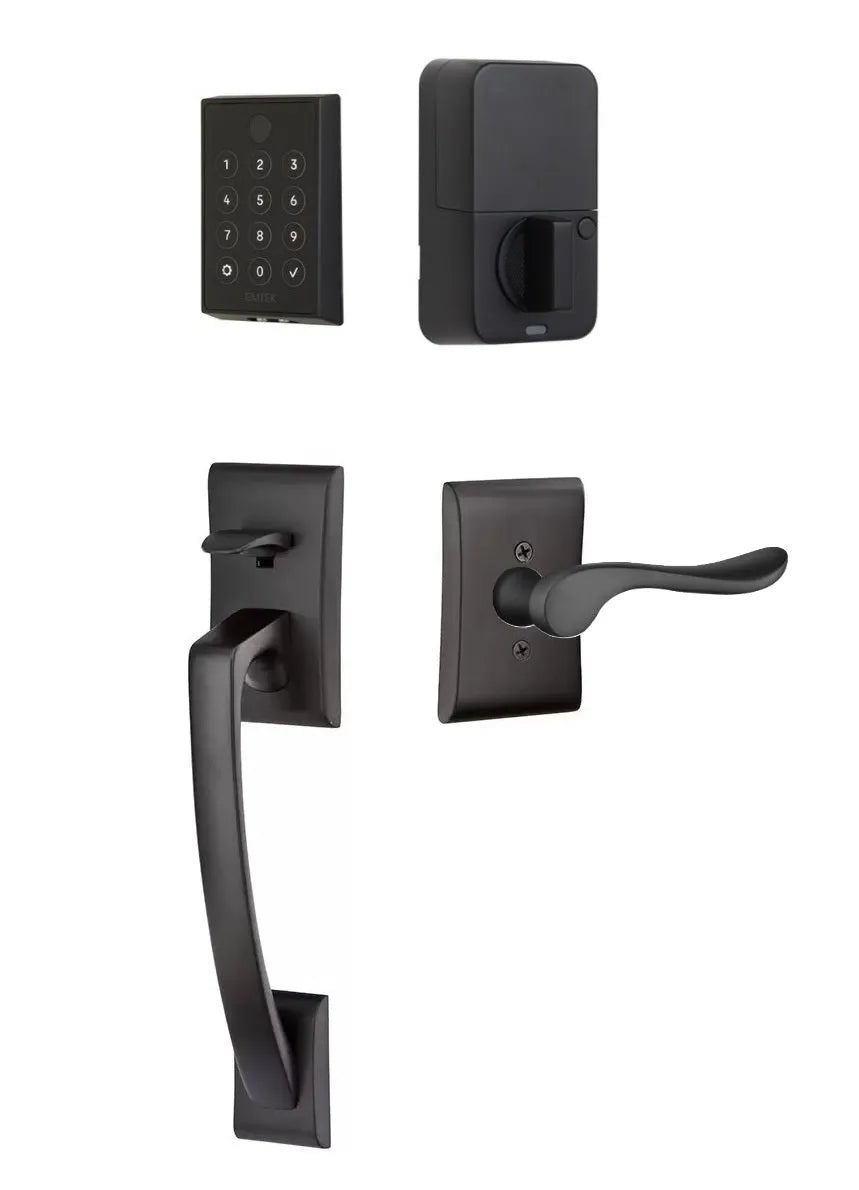 Emtek EMPowered 2 Touch Entry Set with Ares Grip and Interior Luzern Lever Flat Black