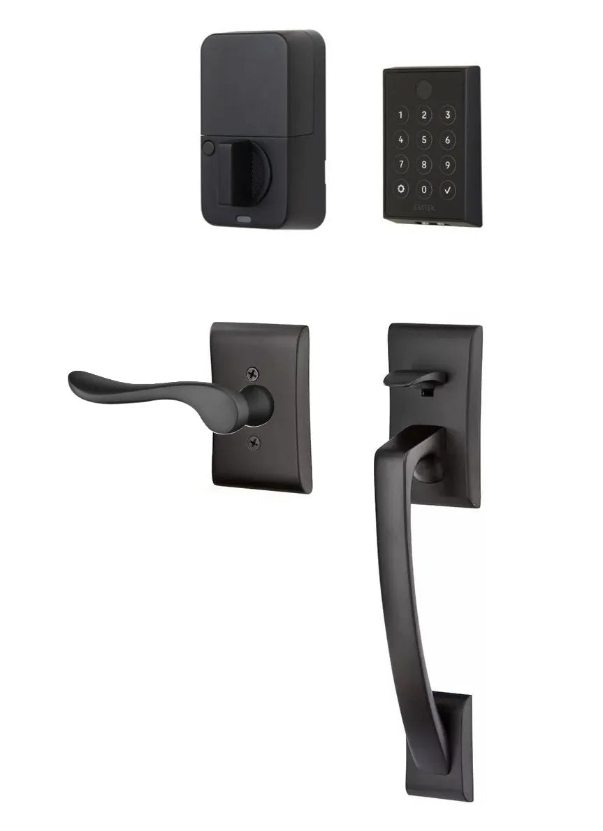Emtek EMPowered 2 Touch Entry Set with Ares Grip and Interior Luzern Lever Flat Black
