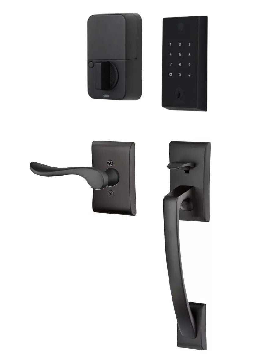 Emtek EMPowered 2 Touch Entry Set with Ares Grip and Interior Luzern Lever Flat Black