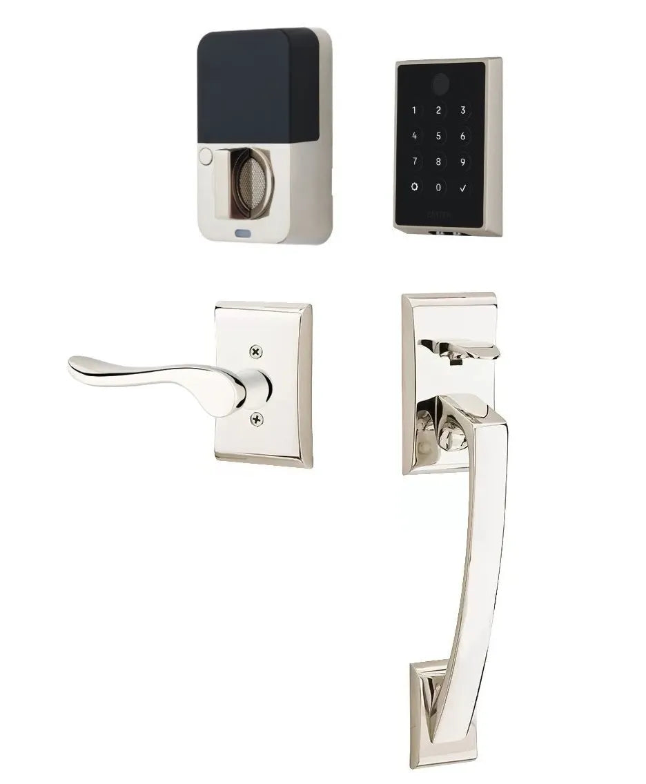 Emtek EMPowered 2 Touch Entry Set with Ares Grip and Interior Luzern Lever Lifetime Polished Nickel