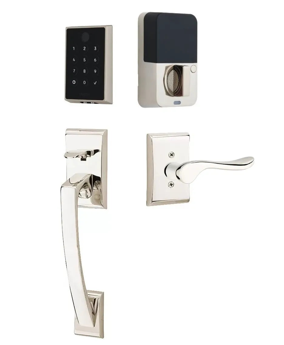 Emtek EMPowered 2 Touch Entry Set with Ares Grip and Interior Luzern Lever Lifetime Polished Nickel