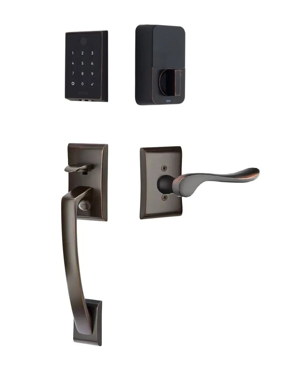 Emtek EMPowered 2 Touch Entry Set with Ares Grip and Interior Luzern Lever Oil Rubbed Bronze