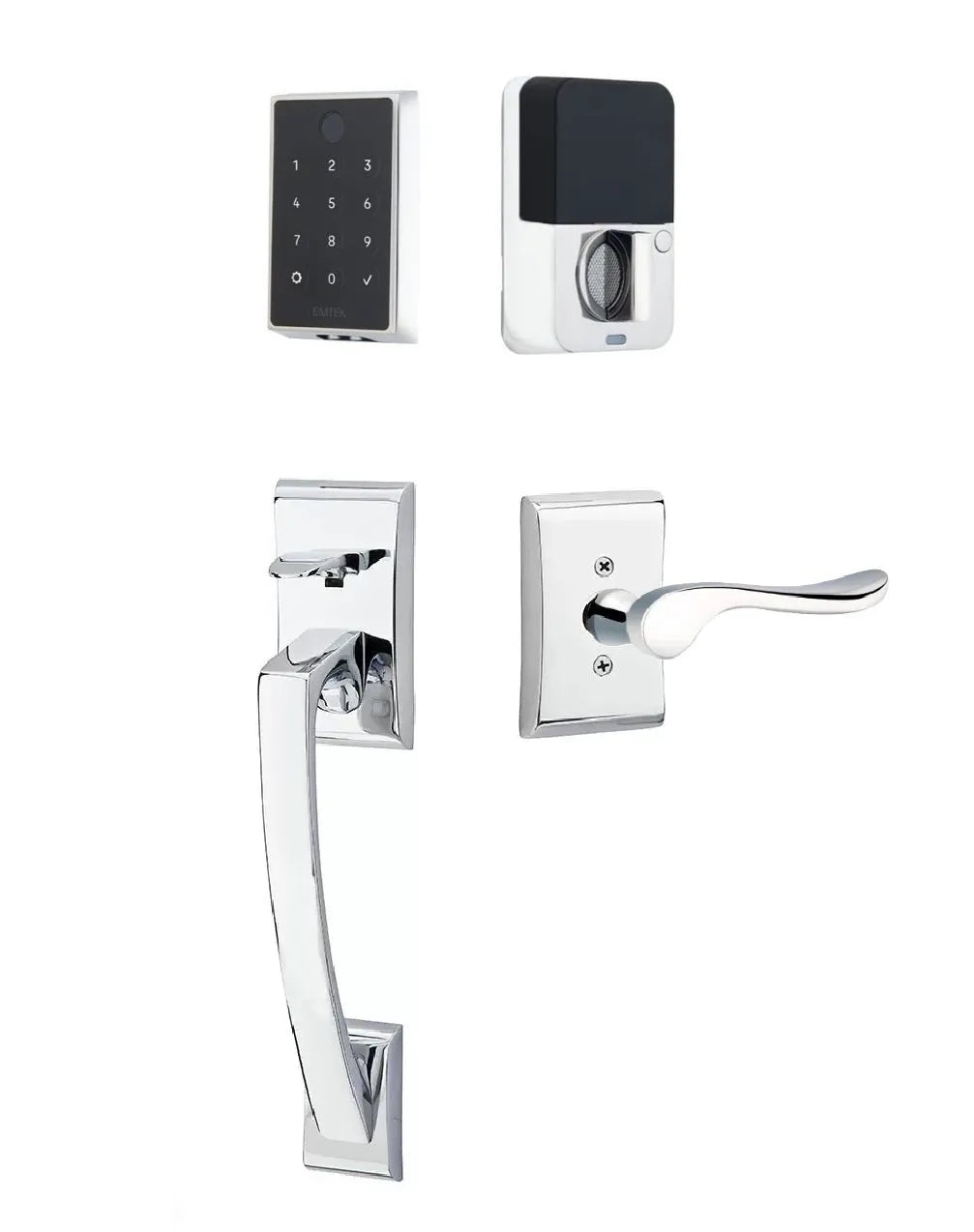 Emtek EMPowered 2 Touch Entry Set with Ares Grip and Interior Luzern Lever Polished Chrome