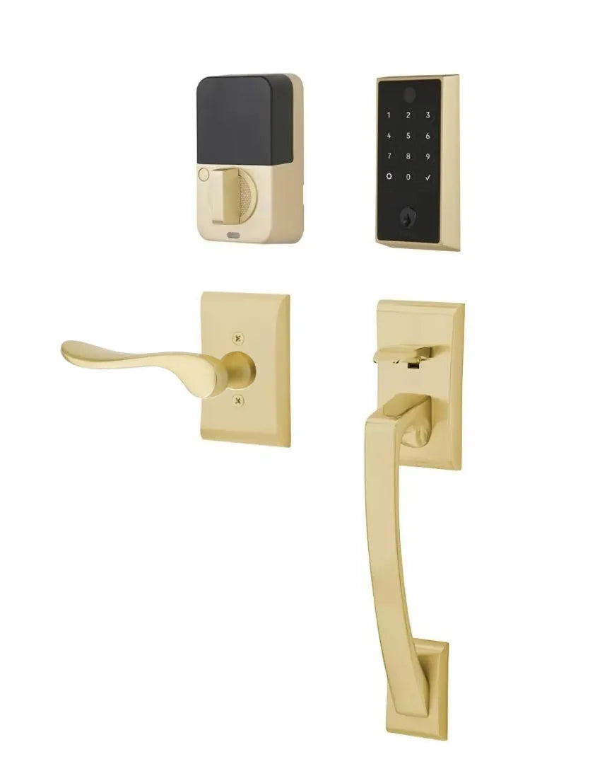 Emtek EMPowered 2 Touch Entry Set with Ares Grip and Interior Luzern Lever Satin Brass