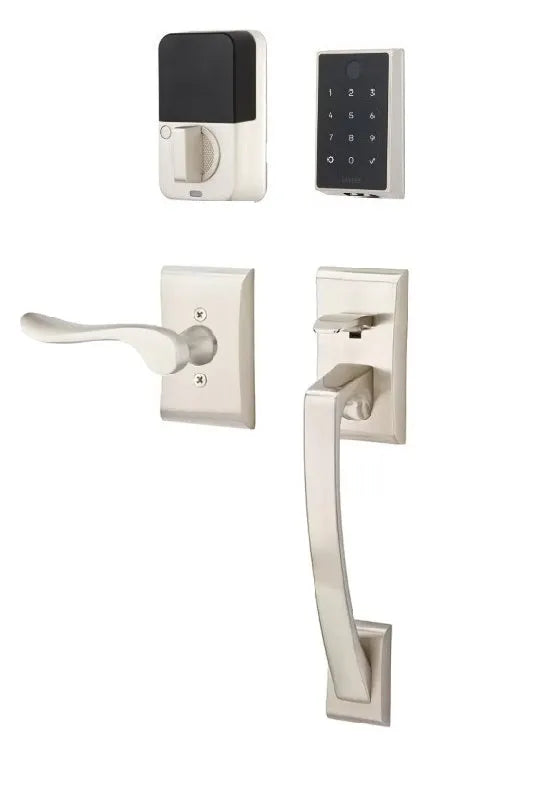 Emtek EMPowered 2 Touch Entry Set with Ares Grip and Interior Luzern Lever Satin Nickel