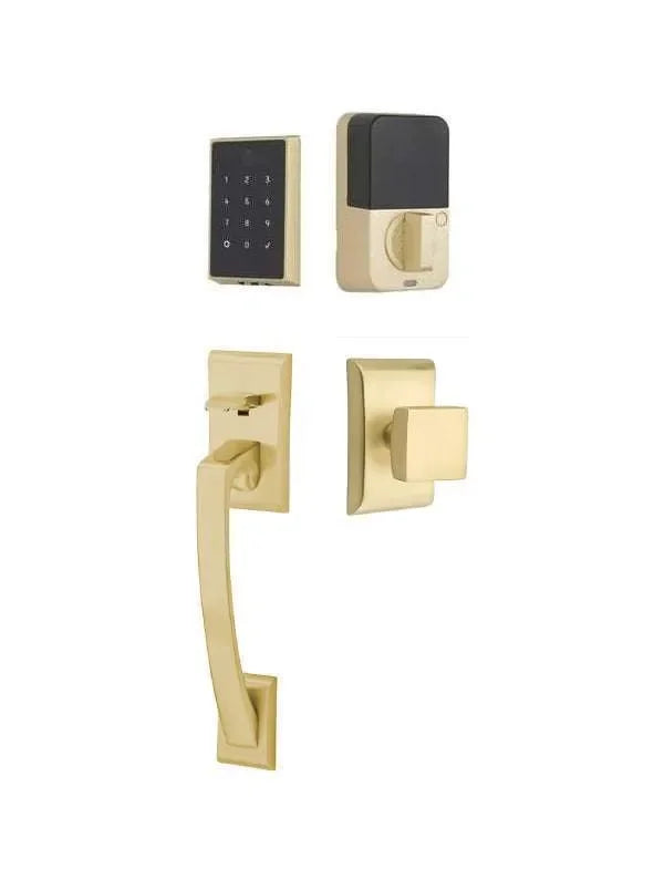 Emtek EMPowered 2 Touch Entry Set with Ares Grip and Interior Square Knob Satin Brass