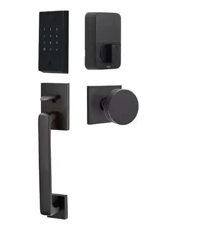 Emtek EMPowered 2 Touch Entry Set with Baden Grip and Bern Knob in Flat Black finish
