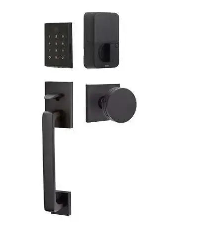 Emtek EMPowered 2 Touch Entry Set with Baden Grip and Bern Knob in Flat Black finish