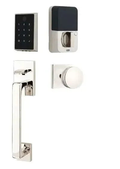 Emtek EMPowered 2 Touch Entry Set with Baden Grip and Bern Knob in Lifetime Polished Nickel finish