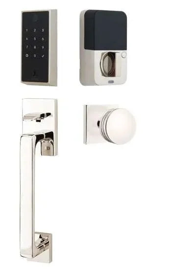 Emtek EMPowered 2 Touch Entry Set with Baden Grip and Bern Knob Lifetime Polished Nickel