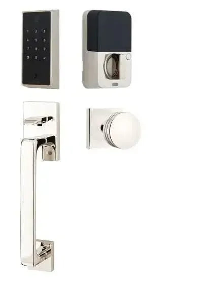 Emtek EMPowered 2 Touch Entry Set with Baden Grip and Bern Knob in Lifetime Polished Nickel finish
