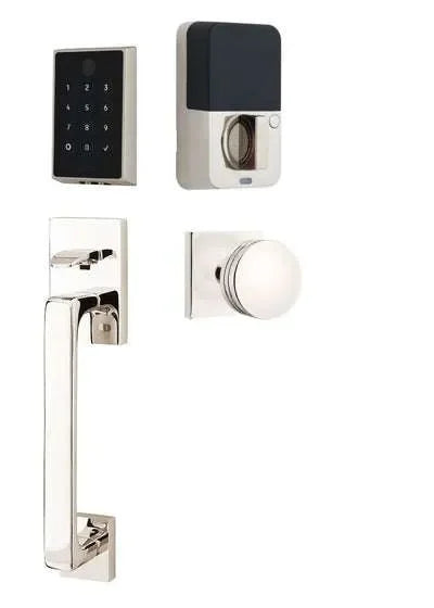 Emtek EMPowered 2 Touch Entry Set with Baden Grip and Bern Knob Lifetime Polished Nickel