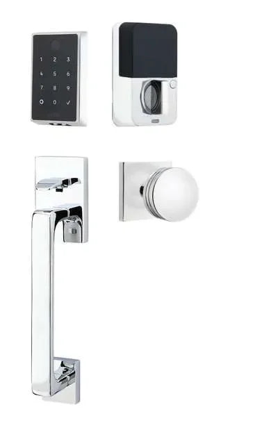 Emtek EMPowered 2 Touch Entry Set with Baden Grip and Bern Knob Polished Chrome