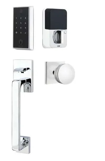 Emtek EMPowered 2 Touch Entry Set with Baden Grip and Bern Knob Polished Chrome