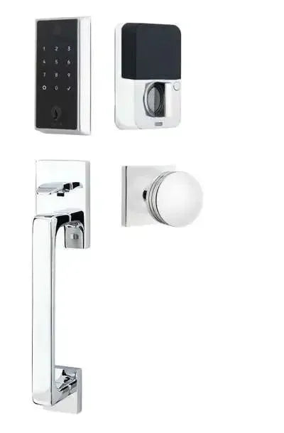 Emtek EMPowered 2 Touch Entry Set with Baden Grip and Bern Knob in Polished Chrome finish