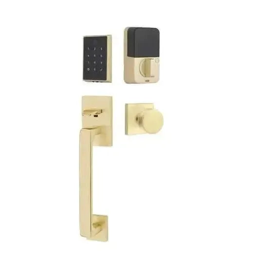 Emtek EMPowered 2 Touch Entry Set with Baden Grip and Bern Knob in Satin Brass finish