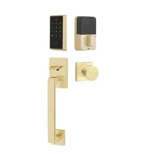 Emtek EMPowered 2 Touch Entry Set with Baden Grip and Bern Knob Satin Brass