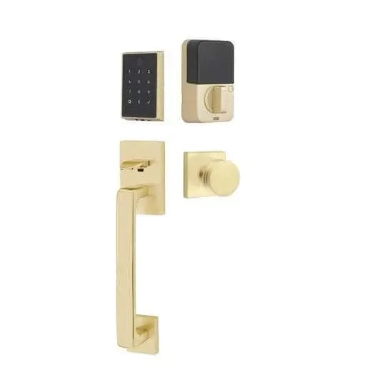 Emtek EMPowered 2 Touch Entry Set with Baden Grip and Bern Knob Satin Brass