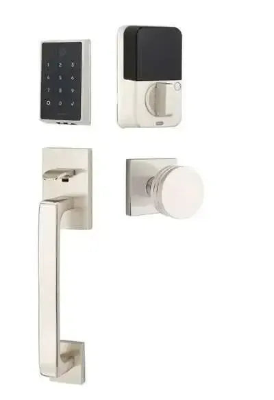 Emtek EMPowered 2 Touch Entry Set with Baden Grip and Bern Knob in Satin Nickel finish