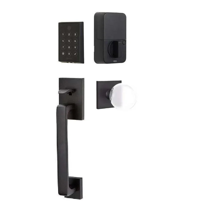 The Emtek EMPowered 2 Touch Entry Set with Baden Grip and Interior Bristol Glass Knob in Flat Black finish.