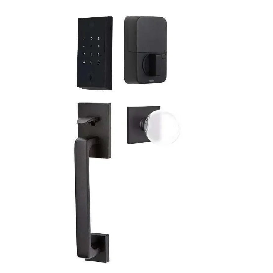 The Emtek EMPowered 2 Touch Entry Set with Baden Grip and Interior Bristol Glass Knob in Flat Black finish.