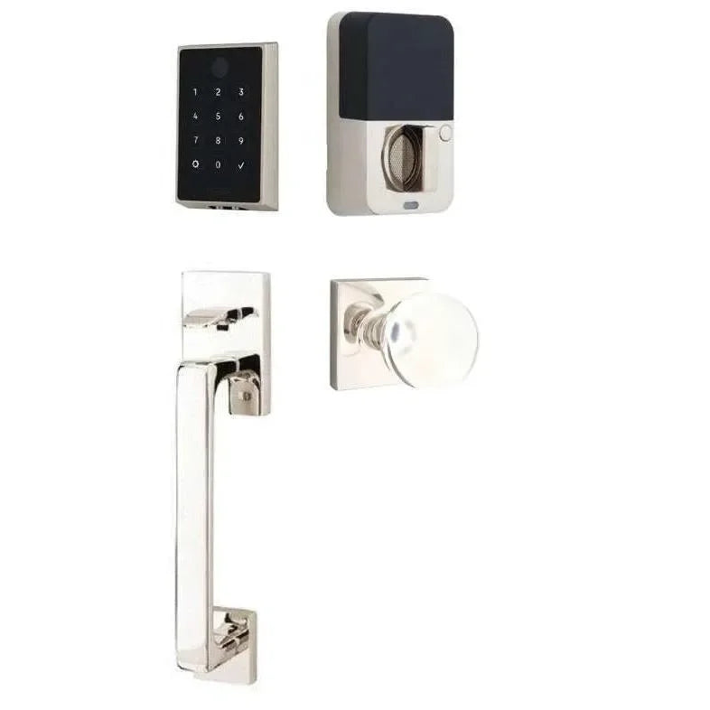 The Emtek EMPowered 2 Touch Entry Set with Baden Grip and Interior Bristol Glass Knob in Lifetime Polished Nickel finish.