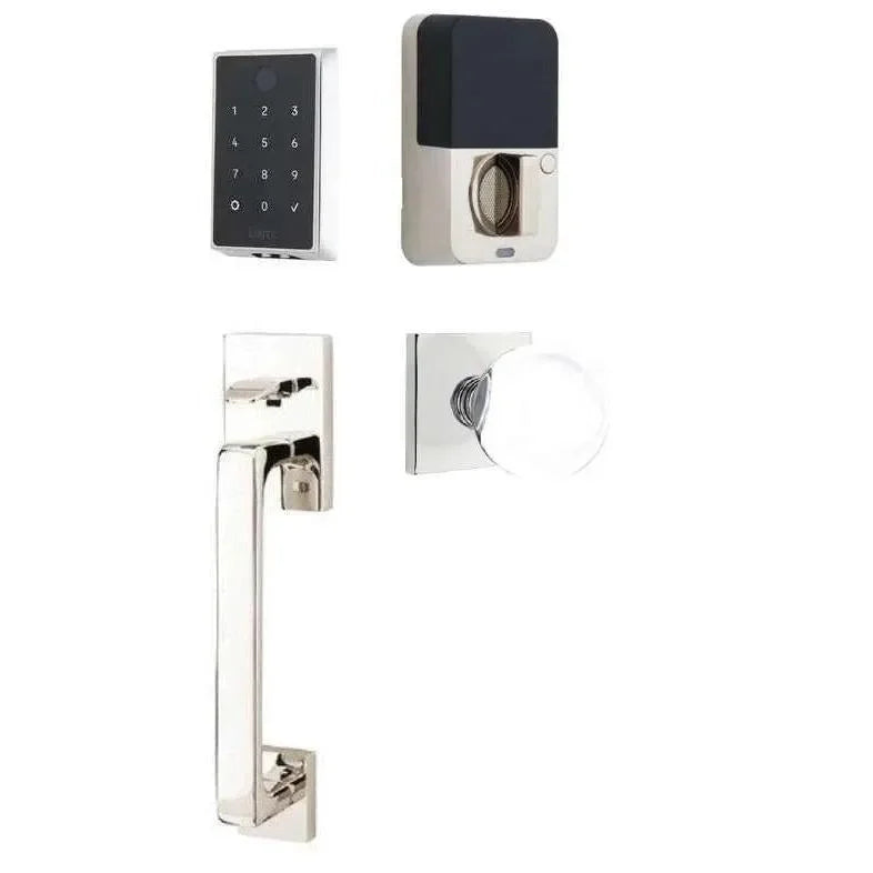 The Emtek EMPowered 2 Touch Entry Set with Baden Grip and Interior Bristol Glass Knob in Polished Chrome finish.