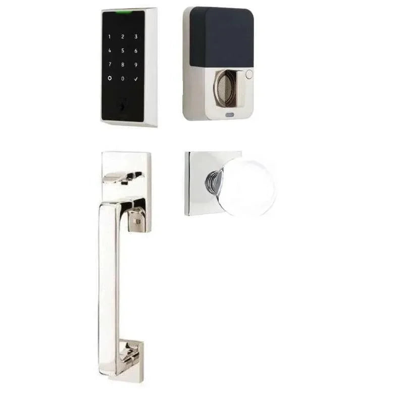 The Emtek EMPowered 2 Touch Entry Set with Baden Grip and Interior Bristol Glass Knob in Polished Chrome finish.