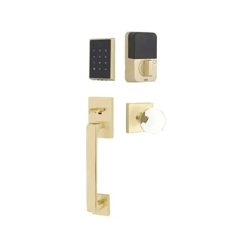 The Emtek EMPowered 2 Touch Entry Set with Baden Grip and Interior Bristol Glass Knob in Satin Brass finish.