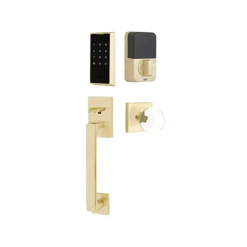 The Emtek EMPowered 2 Touch Entry Set with Baden Grip and Interior Bristol Glass Knob in Satin Brass finish.