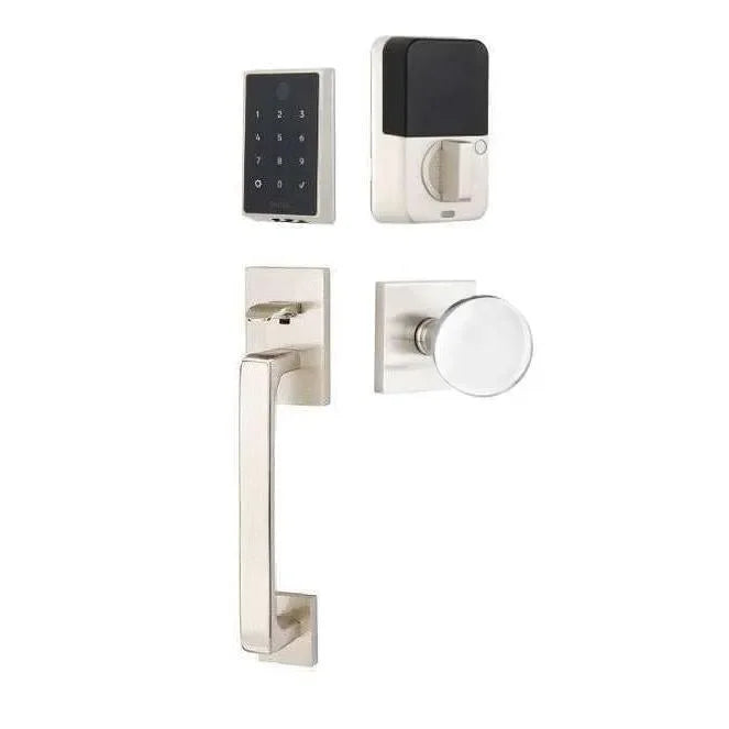 The Emtek EMPowered 2 Touch Entry Set with Baden Grip and Interior Bristol Glass Knob in Satin Nickel finish.