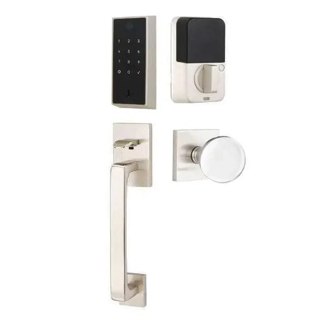 The Emtek EMPowered 2 Touch Entry Set with Baden Grip and Interior Bristol Glass Knob in Satin Nickel finish.
