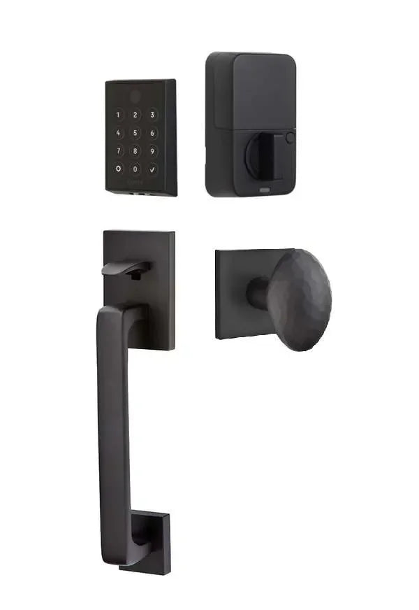 Emtek EMPowered 2 Touch Entry Set with Baden Grip and Hammered Egg Knob Flat Black