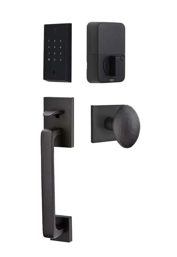 Emtek EMPowered 2 Touch Entry Set with Baden Grip and Hammered Egg Knob Flat Black