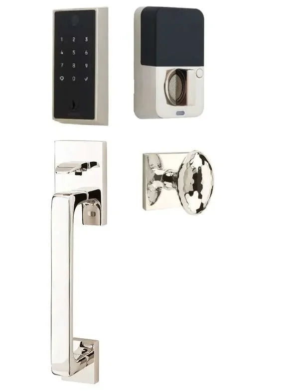 Emtek EMPowered 2 Touch Entry Set with Baden Grip and Hammered Egg Knob Lifetime Polished Nickel