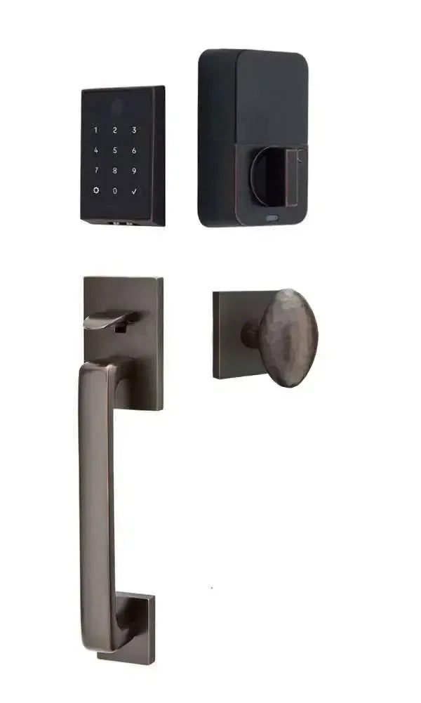 Emtek EMPowered 2 Touch Entry Set with Baden Grip and Hammered Egg Knob in Oil Rubbed Bronze finish