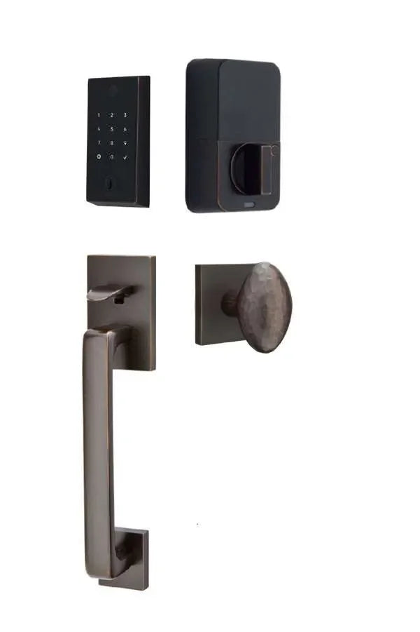 Emtek EMPowered 2 Touch Entry Set with Baden Grip and Hammered Egg Knob Oil Rubbed Bronze