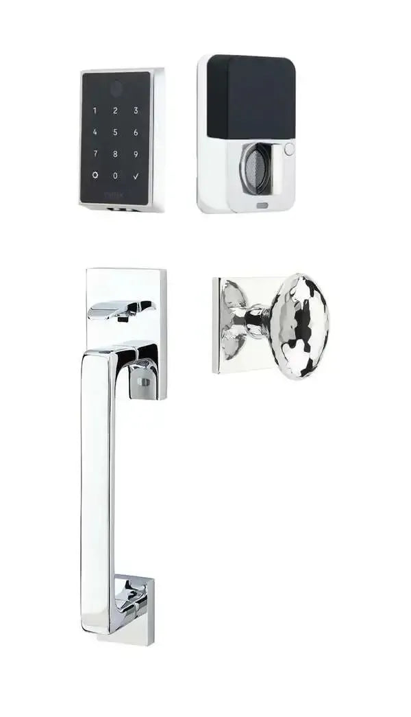 Emtek EMPowered 2 Touch Entry Set with Baden Grip and Hammered Egg Knob in Polished Chrome finish