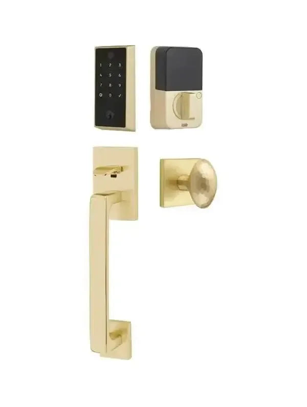 Emtek EMPowered 2 Touch Entry Set with Baden Grip and Hammered Egg Knob in Satin Brass finish