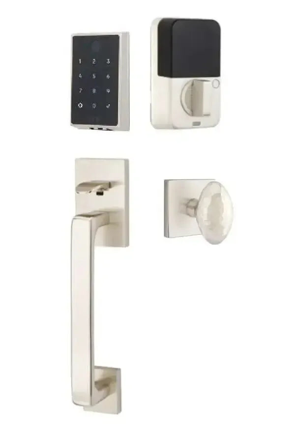 Emtek EMPowered 2 Touch Entry Set with Baden Grip and Hammered Egg Knob in Satin Nickel finish