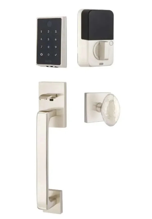 Emtek EMPowered 2 Touch Entry Set with Baden Grip and Hammered Egg Knob Satin Nickel