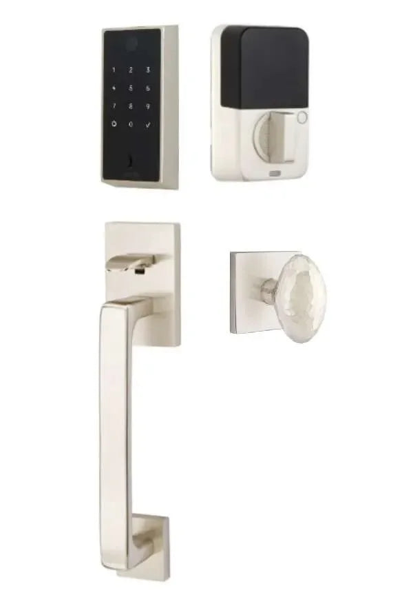 Emtek EMPowered 2 Touch Entry Set with Baden Grip and Hammered Egg Knob Satin Nickel