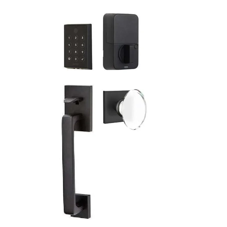 Emtek EMPowered 2 Touch Entry Set with Baden Grip and Hampton Glass Knob Flat Black