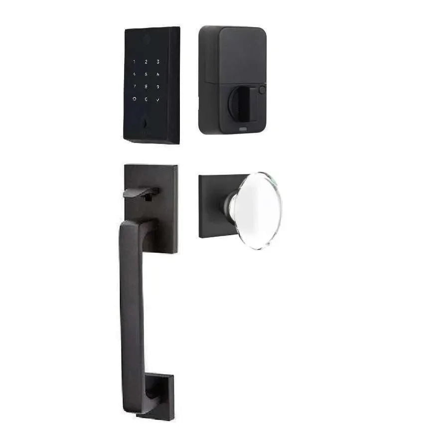 Emtek EMPowered 2 Touch Entry Set with Baden Grip and Hampton Glass Knob Flat Black